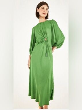 FARM RIO green Bead-embellished draped satin midi dress | XS